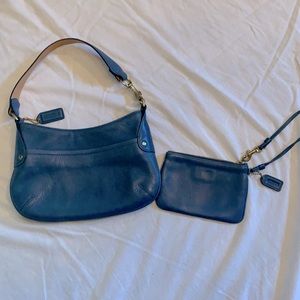 Blue Coach purse with matching wristlet